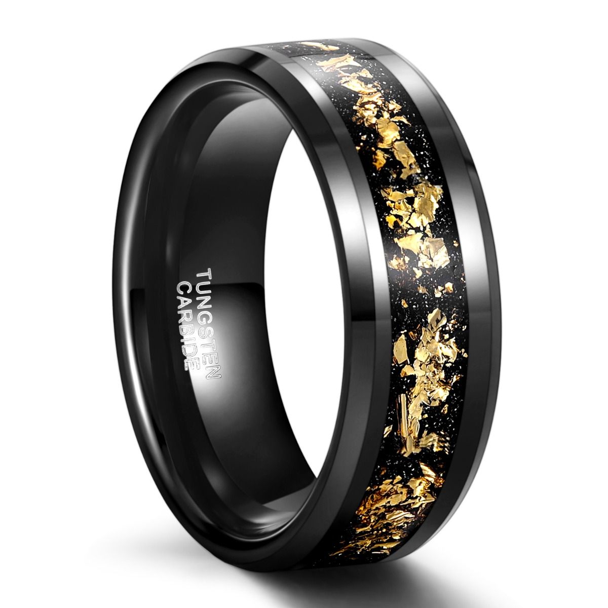 8mm Men Black Tungsten Carbide Ring Black And Gold Foils Inlay Beveled Ring