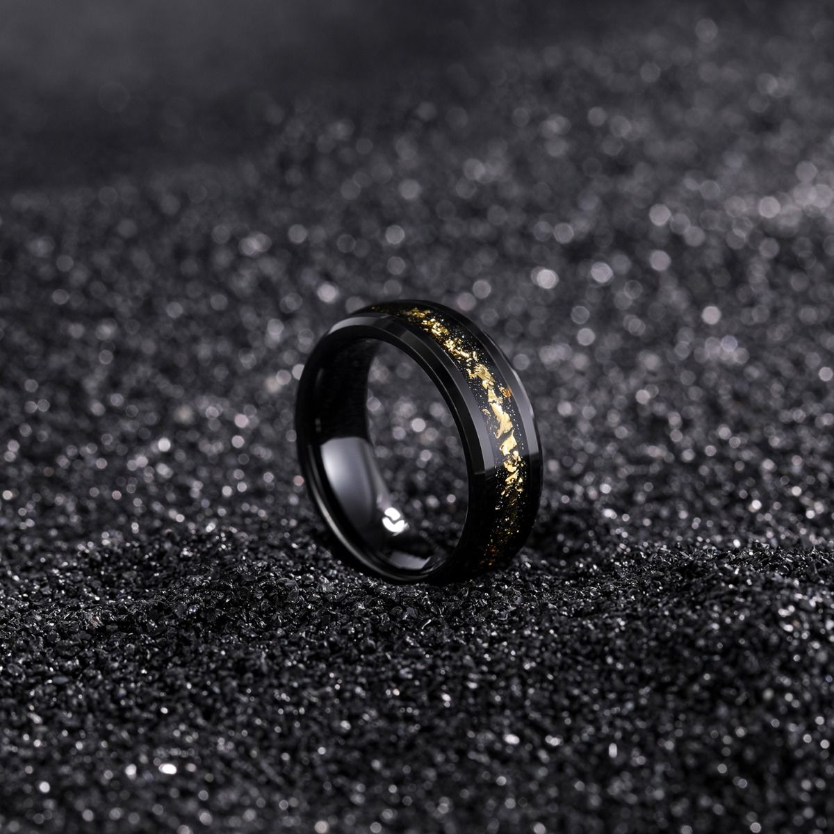 8mm Men Black Tungsten Carbide Ring Black And Gold Foils Inlay Beveled Ring