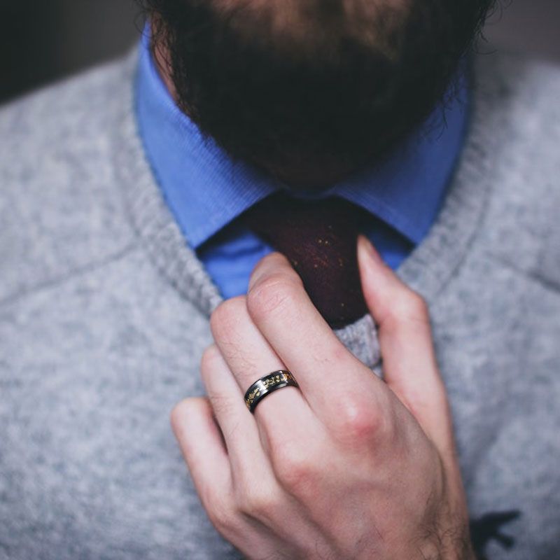 8mm Men Black Tungsten Carbide Ring Black And Gold Foils Inlay Beveled Ring