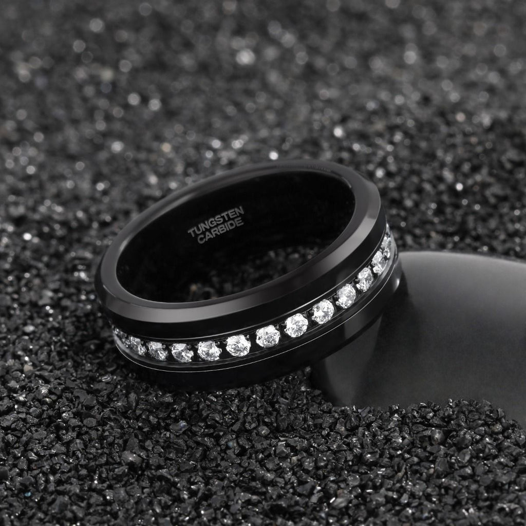 8mm Men Black Zircon Inlay Tungsten Ring Engagement Wedding Bands High Polished