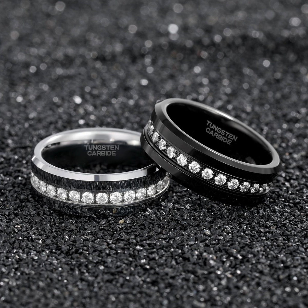 8mm Men Black Zircon Inlay Tungsten Ring Engagement Wedding Bands High Polished