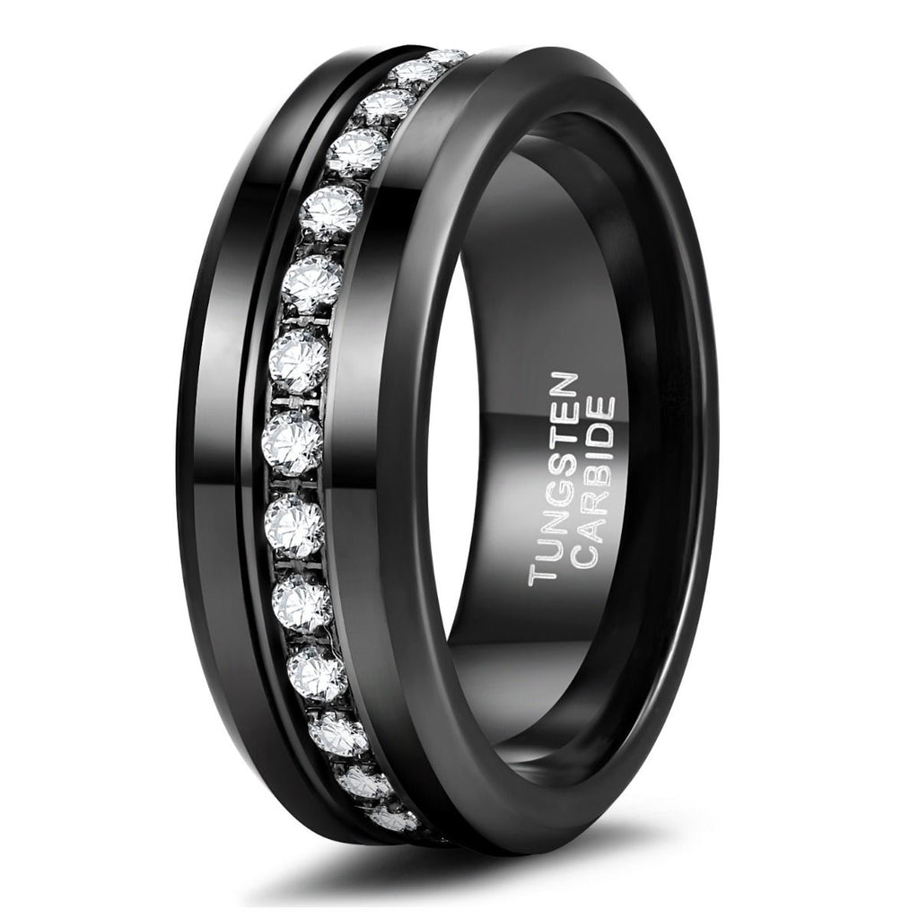 8mm Men Black Zircon Inlay Tungsten Ring Engagement Wedding Bands High Polished
