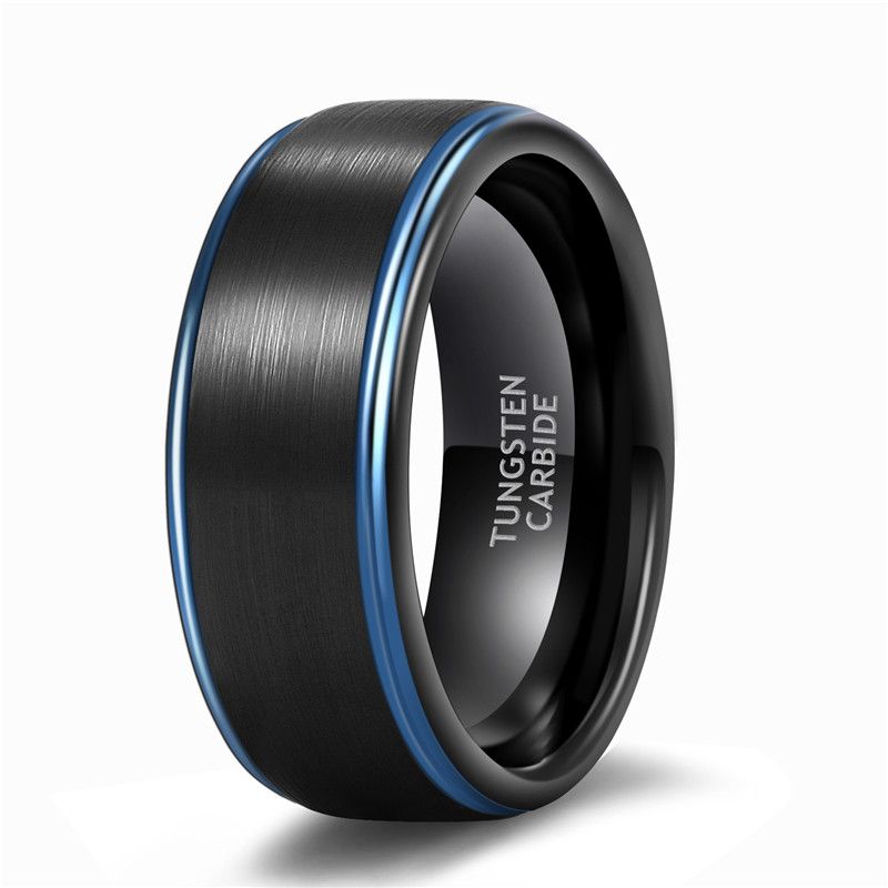 8mm Men Women Black Brushed Tungsten Carbide Ring Edge Blue Line Engagement Bands