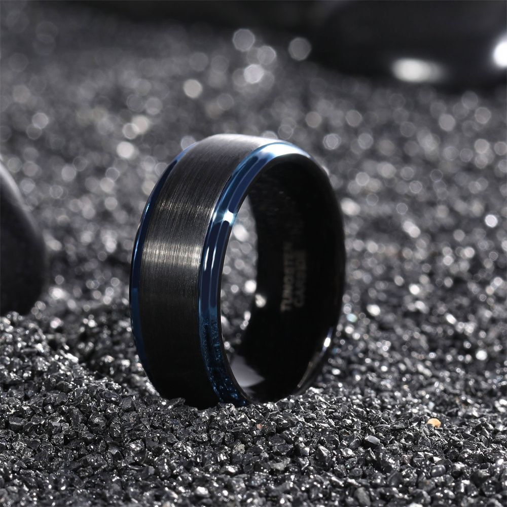 8mm Men Women Black Brushed Tungsten Carbide Ring Edge Blue Line Engagement Bands