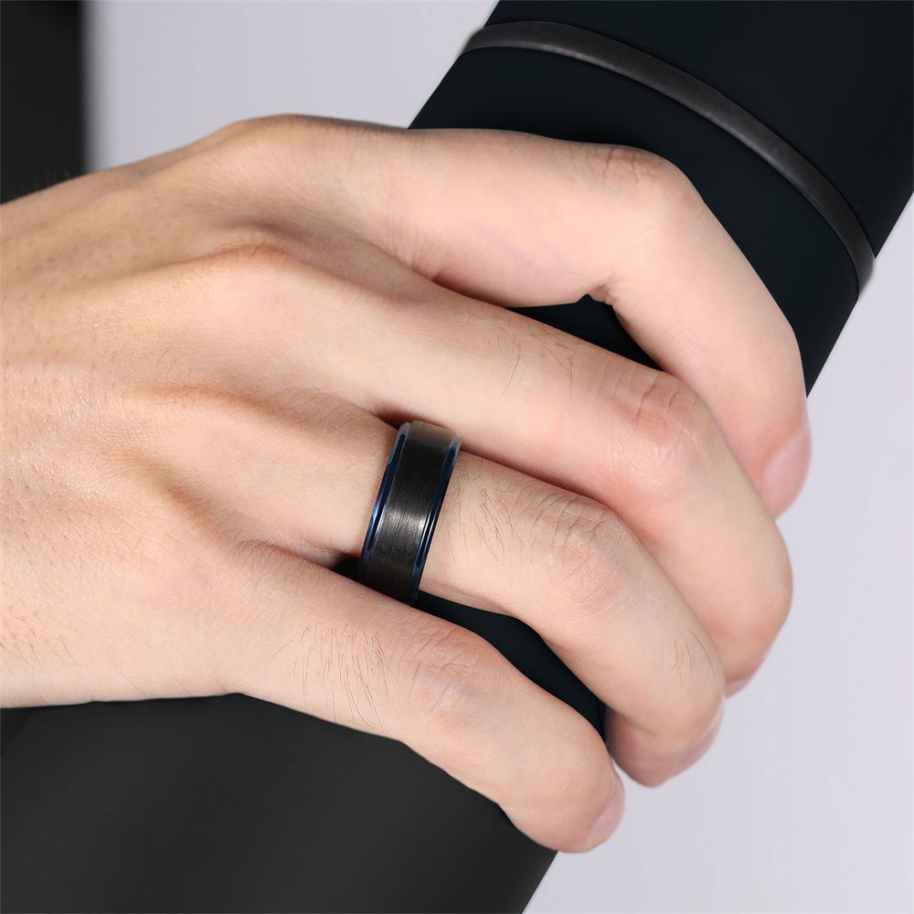 8mm Men Women Black Brushed Tungsten Carbide Ring Edge Blue Line Engagement Bands