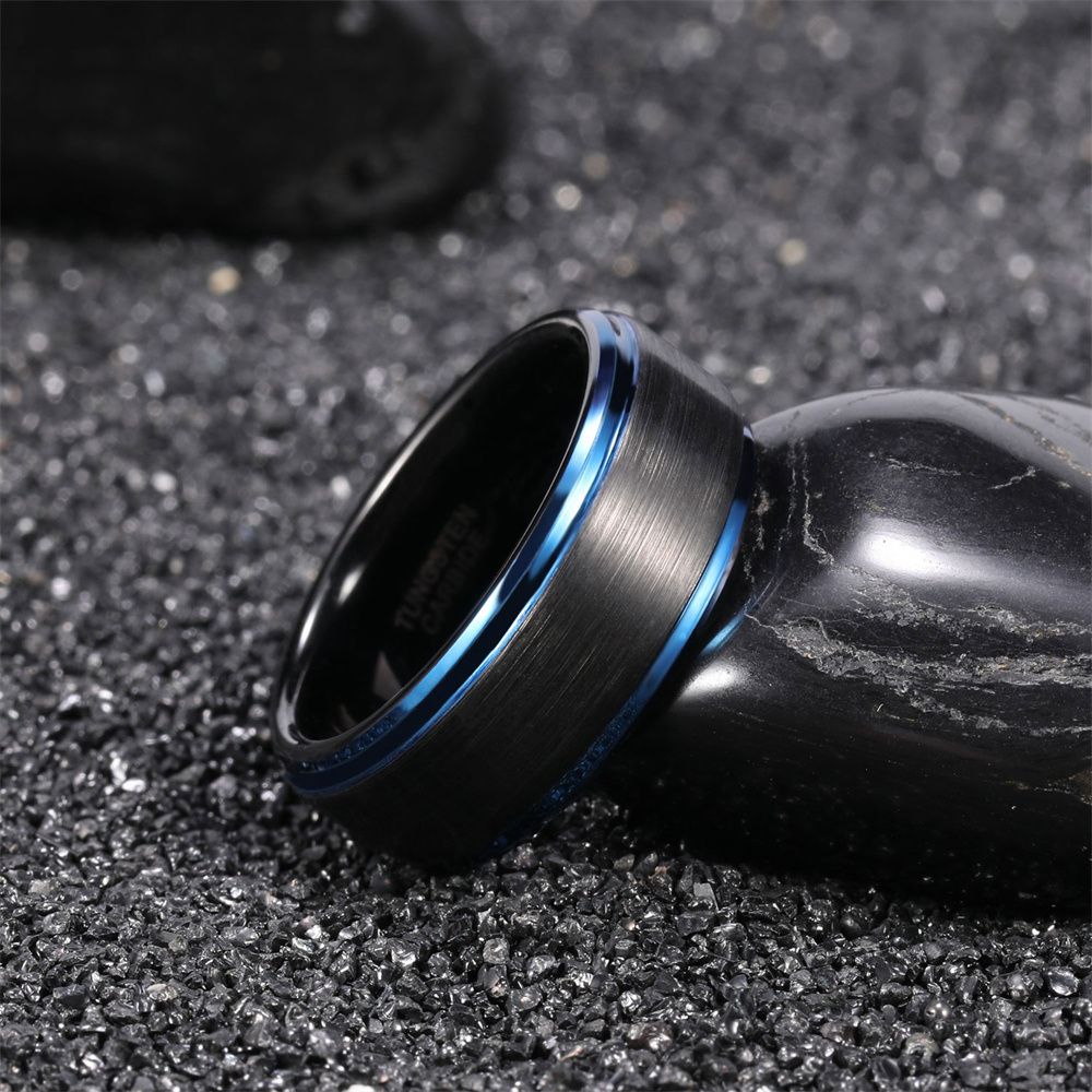 8mm Men Women Black Brushed Tungsten Carbide Ring Edge Blue Line Engagement Bands