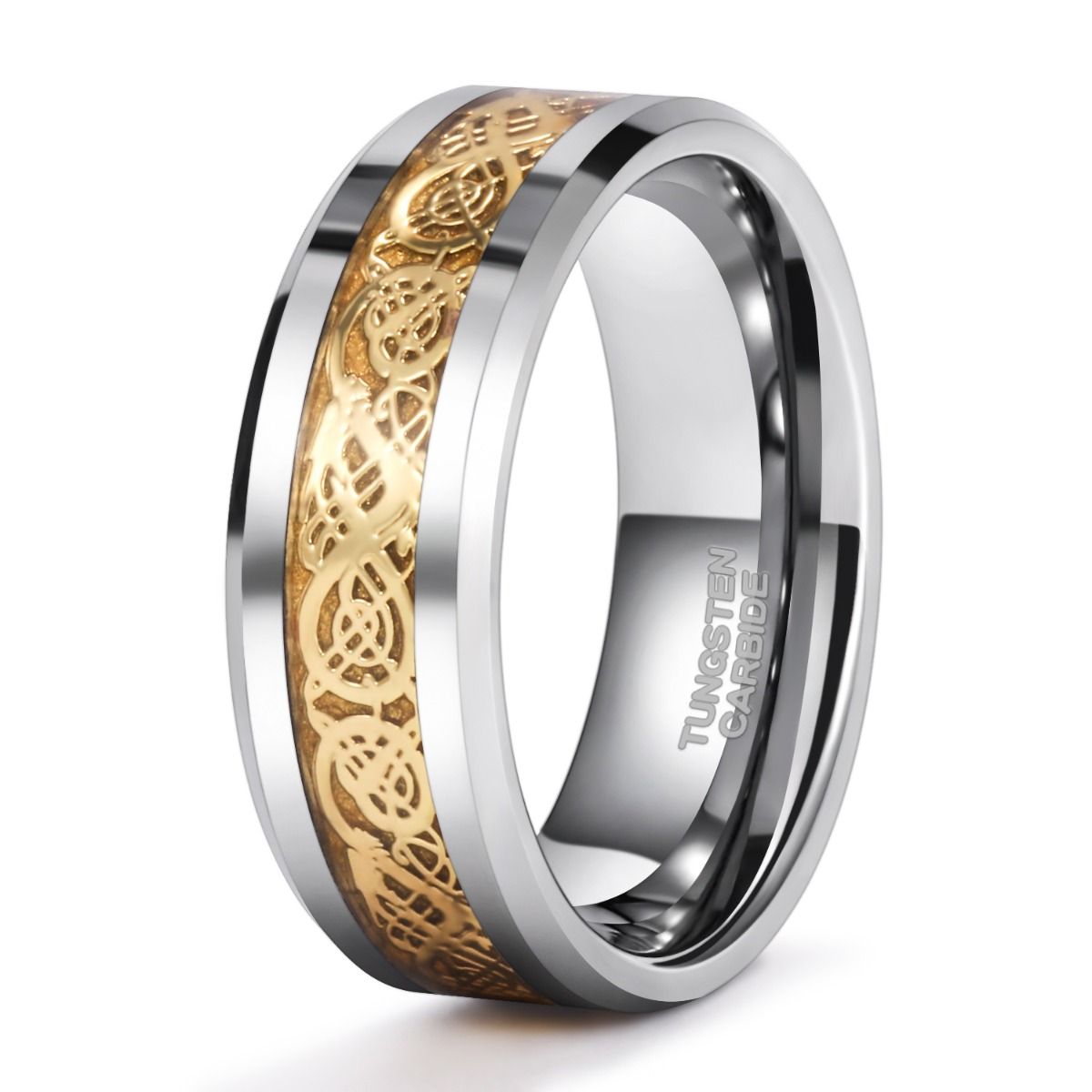 8mm Men Women Tungsten Carbide Ring Gold Dragon Inlay Polished Wedding Bands