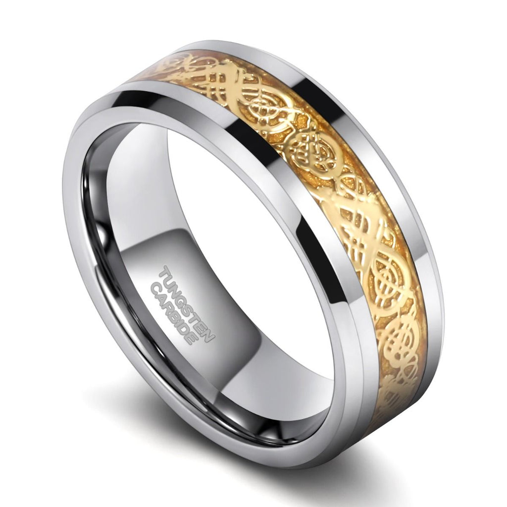 8mm Men Women Tungsten Carbide Ring Gold Dragon Inlay Polished Wedding Bands