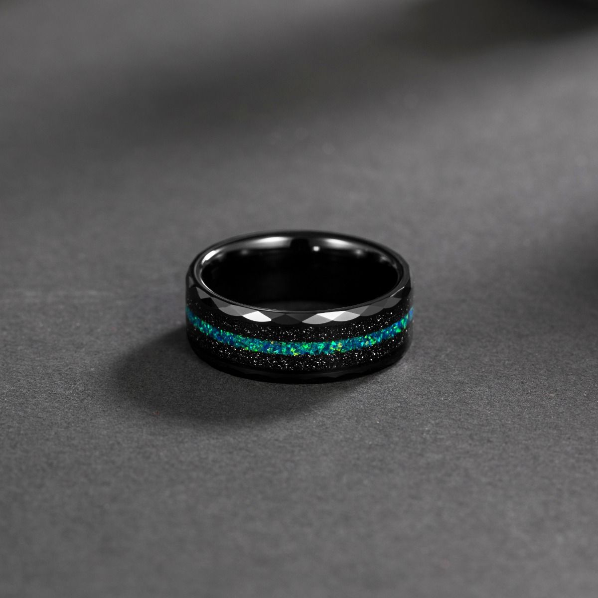 8mm Mens Multi-Faceted Edge With Black Sand and Green-Blue Opal Inlay Tungsten Carbide Rings Wedding Rings