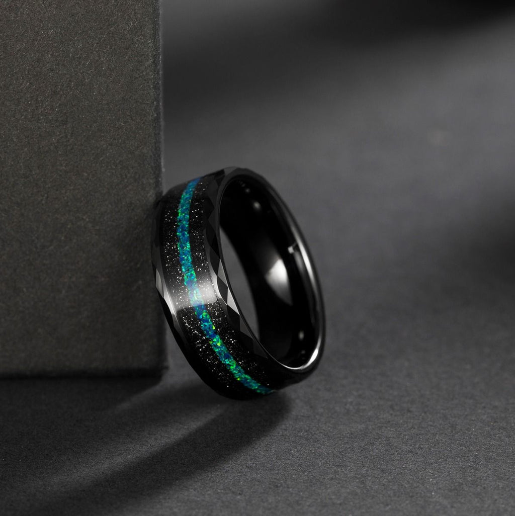8mm Mens Multi-Faceted Edge With Black Sand and Green-Blue Opal Inlay Tungsten Carbide Rings Wedding Rings