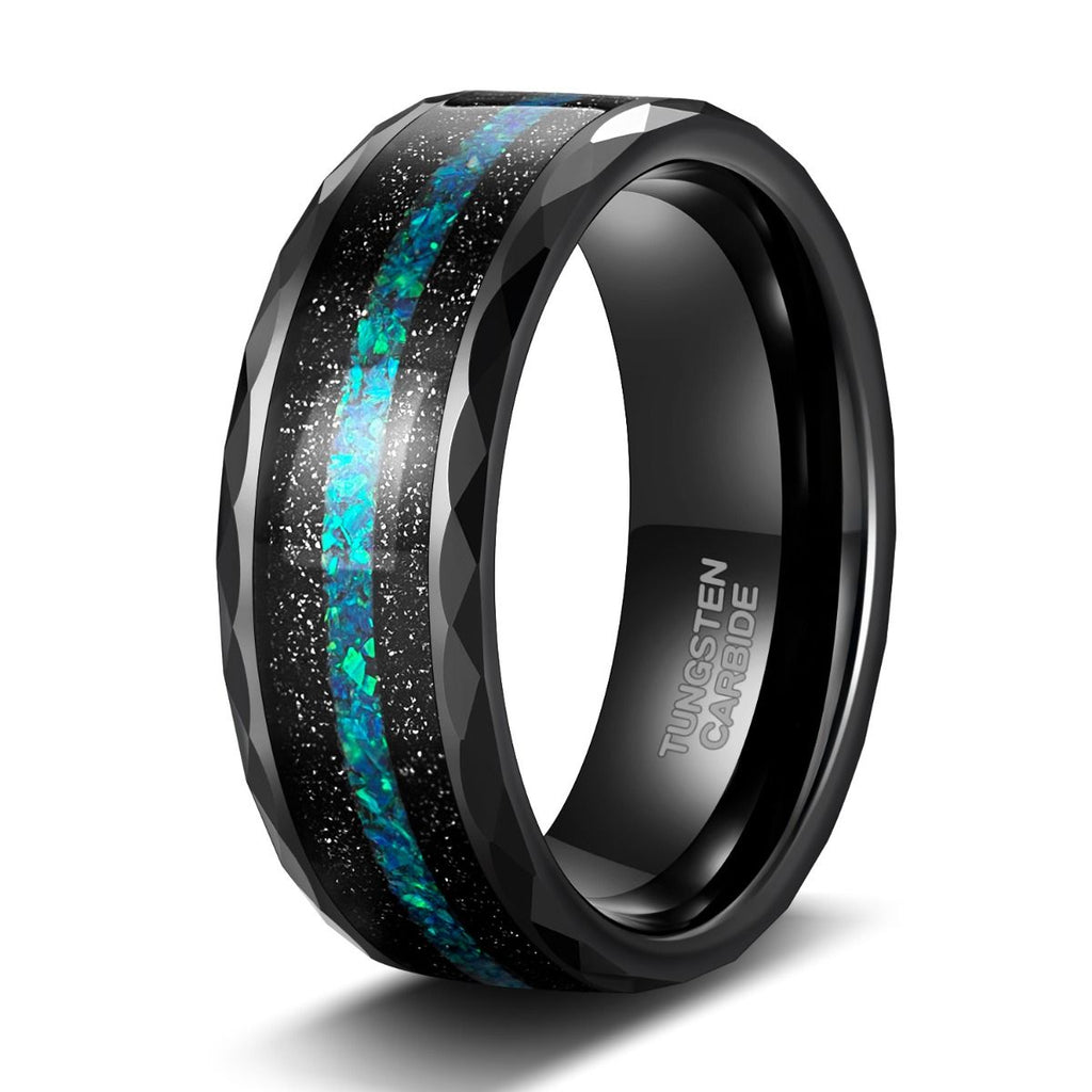 8mm Mens Multi-Faceted Edge With Black Sand and Green-Blue Opal Inlay Tungsten Carbide Rings Wedding Rings