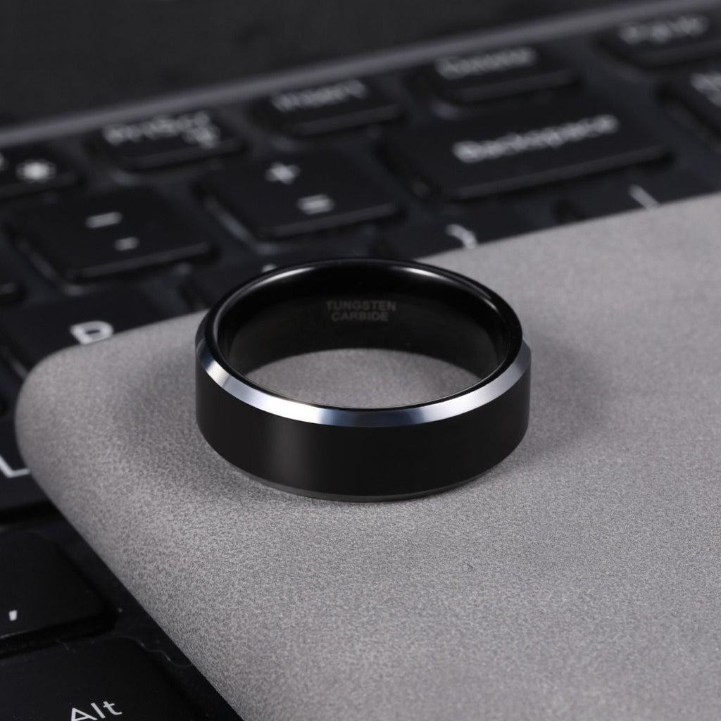 8mm Mens Tungsten Carbide Ring Black High Polished Engagement Wedding Bands