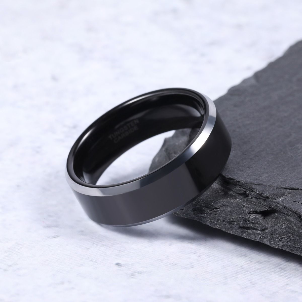 8mm Mens Tungsten Carbide Ring Black High Polished Engagement Wedding Bands