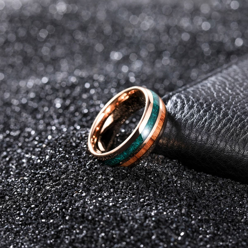 8mm Mens Tungsten Carbide Rings Turquoise/Wood Inlay Rose Gold Beveled Edges Engagement Wedding Bands