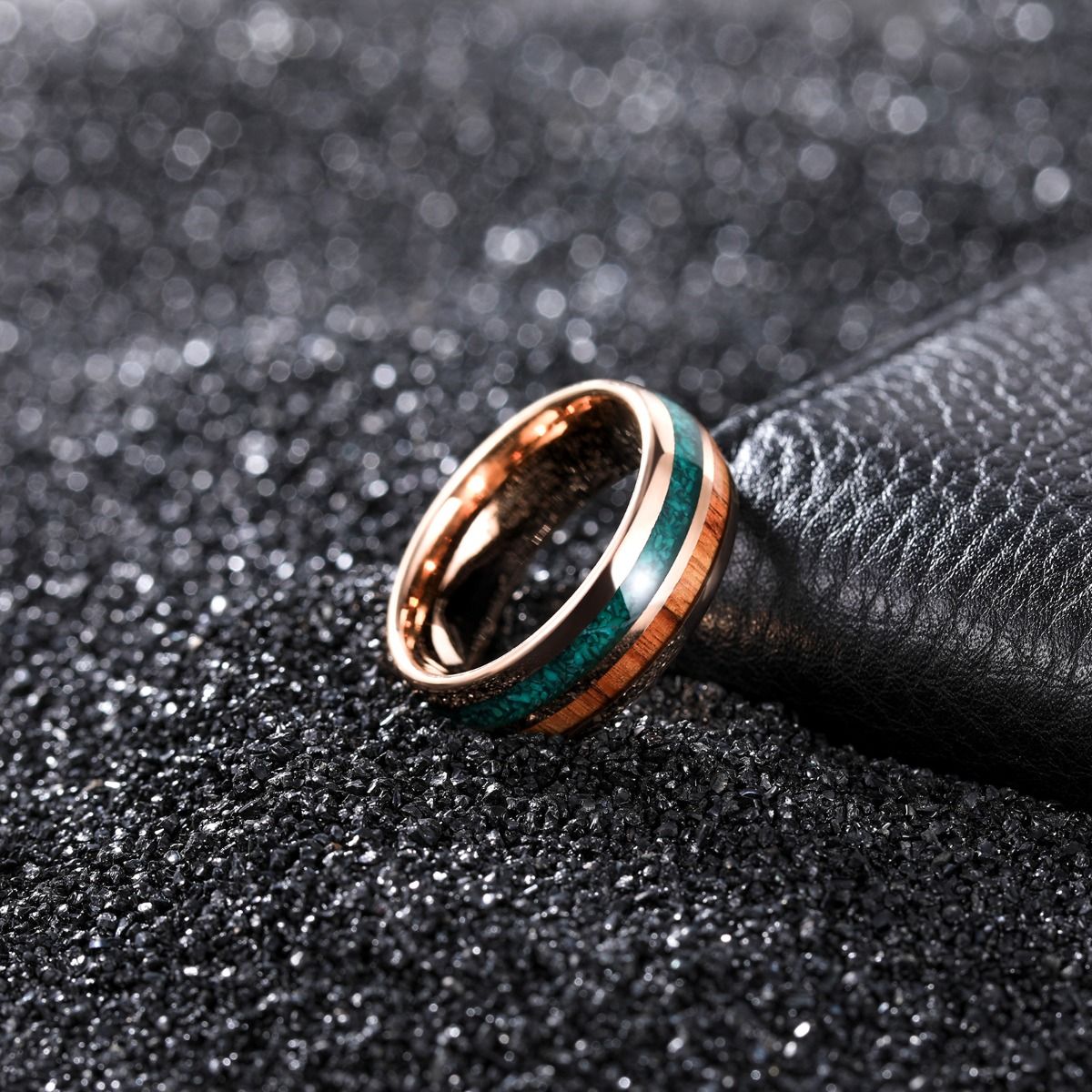 8mm Mens Tungsten Carbide Rings Turquoise/Wood Inlay Rose Gold Beveled Edges Engagement Wedding Bands
