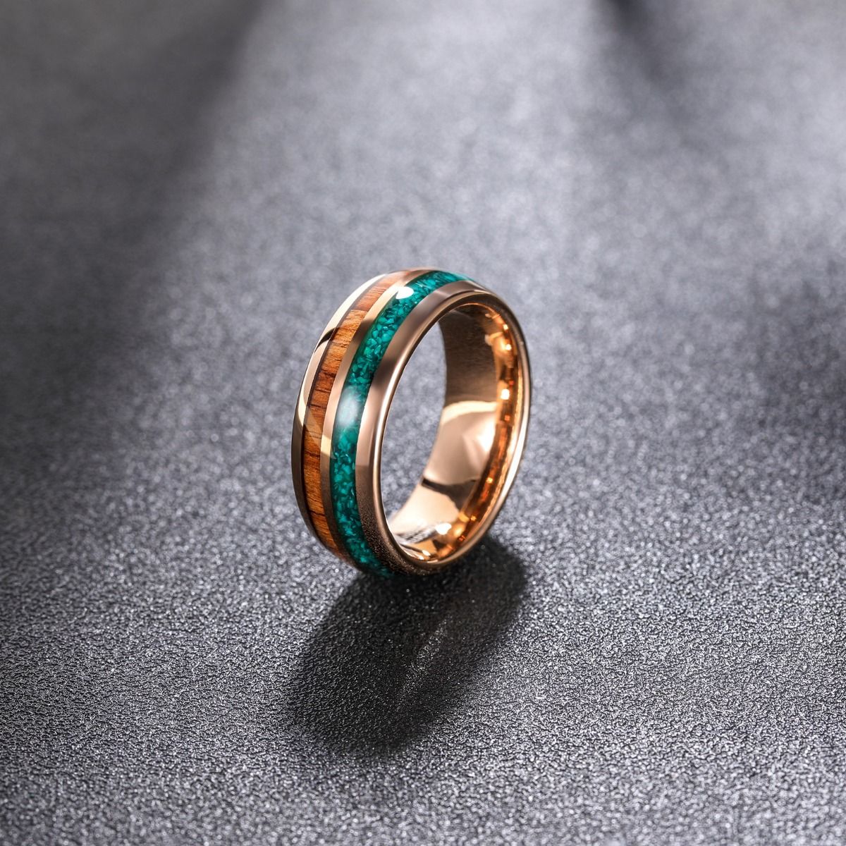 8mm Mens Tungsten Carbide Rings Turquoise/Wood Inlay Rose Gold Beveled Edges Engagement Wedding Bands