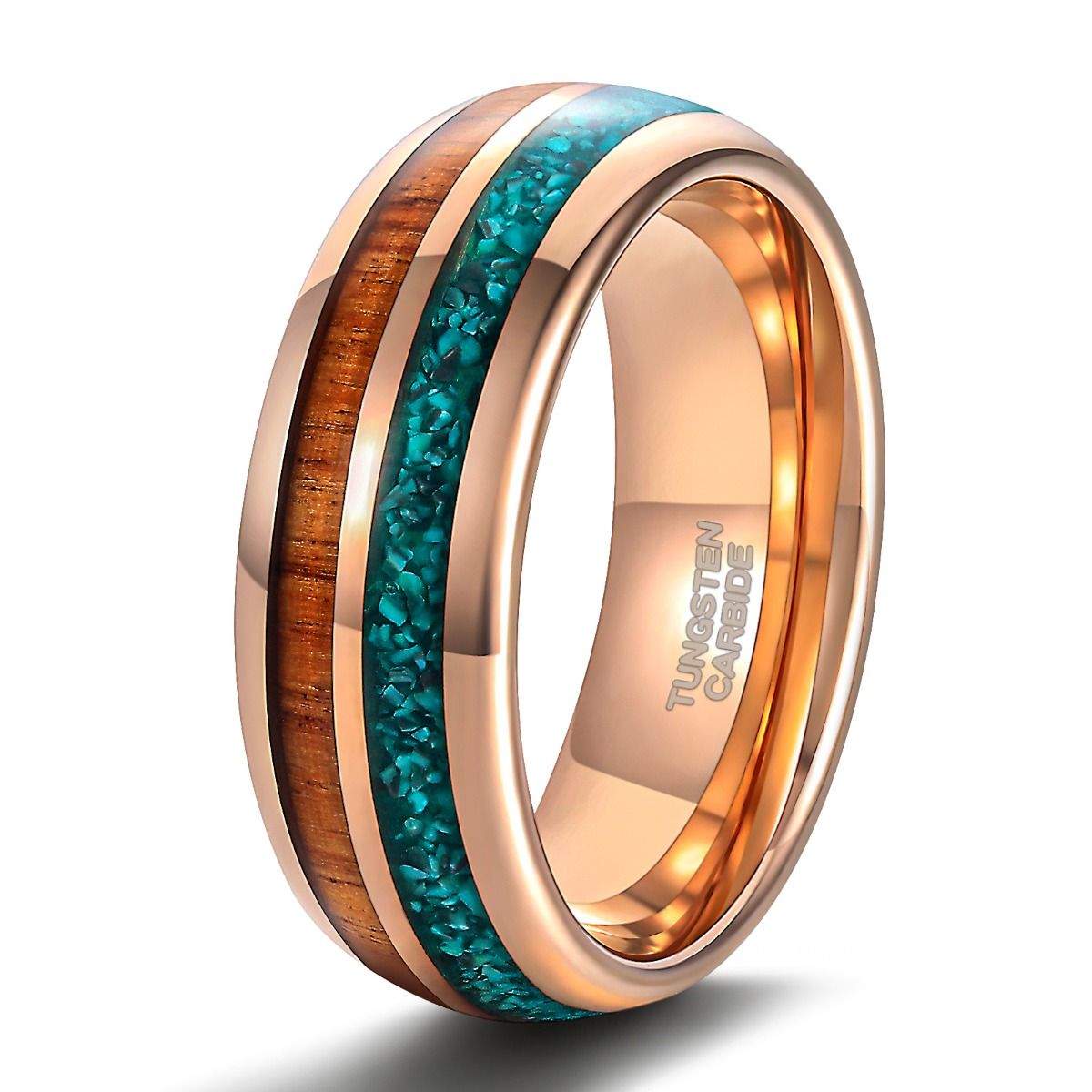 8mm Mens Tungsten Carbide Rings Turquoise/Wood Inlay Rose Gold Beveled Edges Engagement Wedding Bands