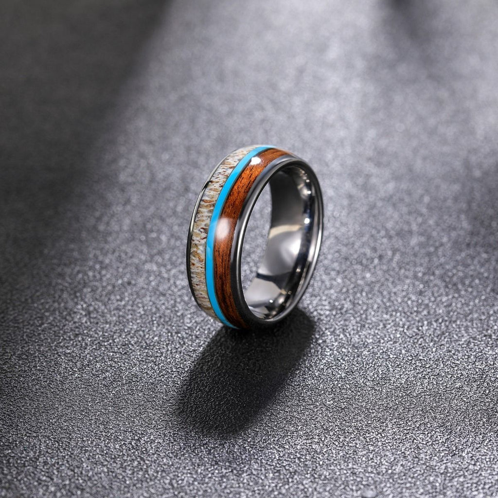 8mm Real Antlers and Turquoise Wood Inlay Men Tungsten Carbide Rings