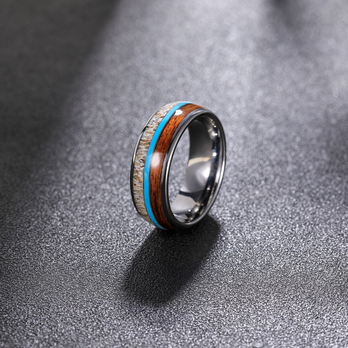 8mm Real Antlers and Turquoise Wood Inlay Men Tungsten Carbide Rings