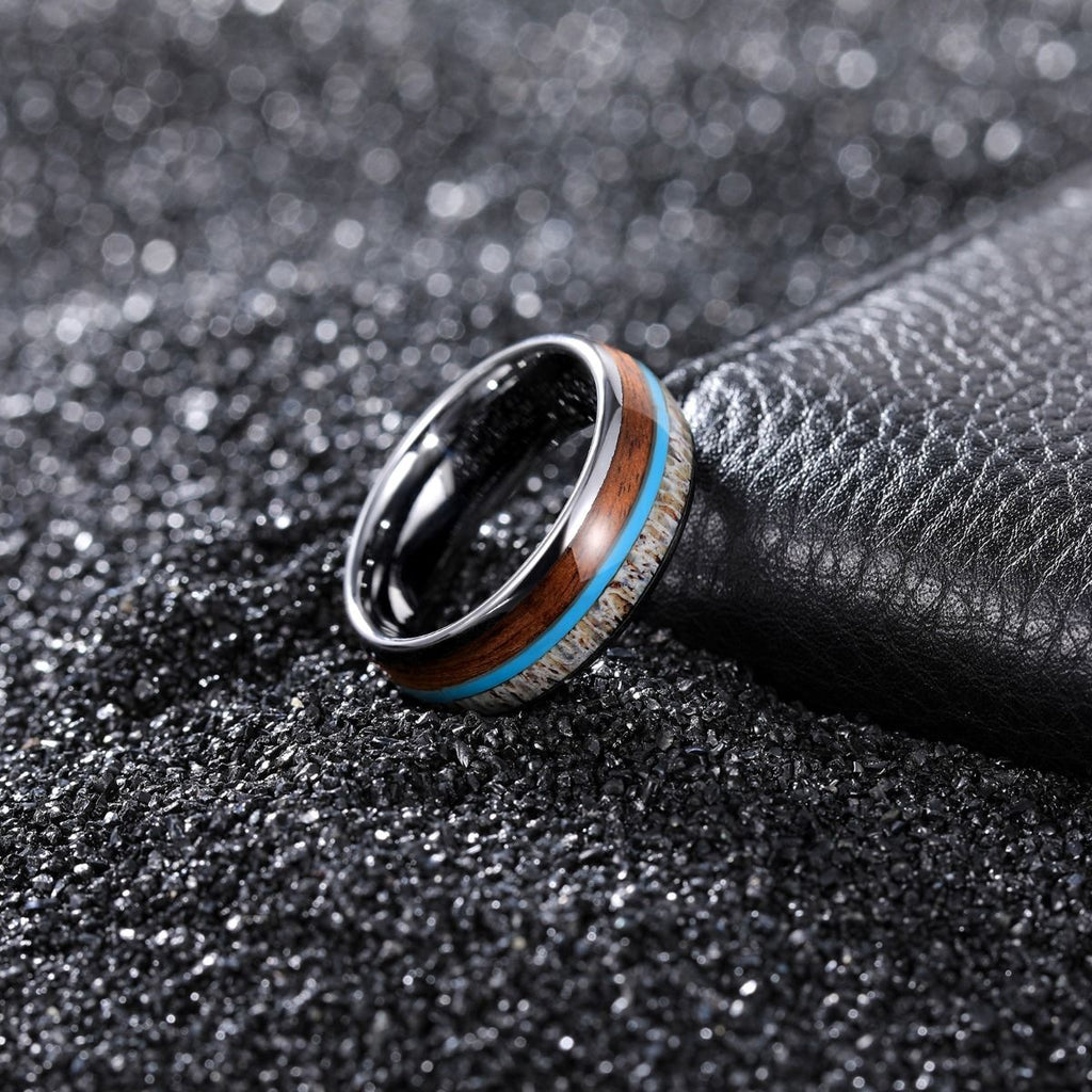 8mm Real Antlers and Turquoise Wood Inlay Men Tungsten Carbide Rings