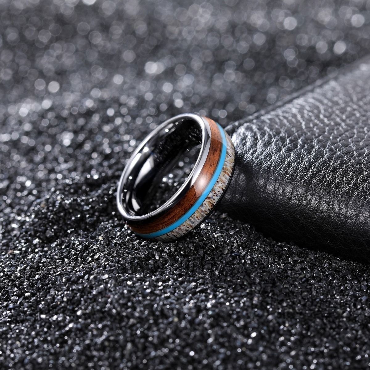 8mm Real Antlers and Turquoise Wood Inlay Men Tungsten Carbide Rings