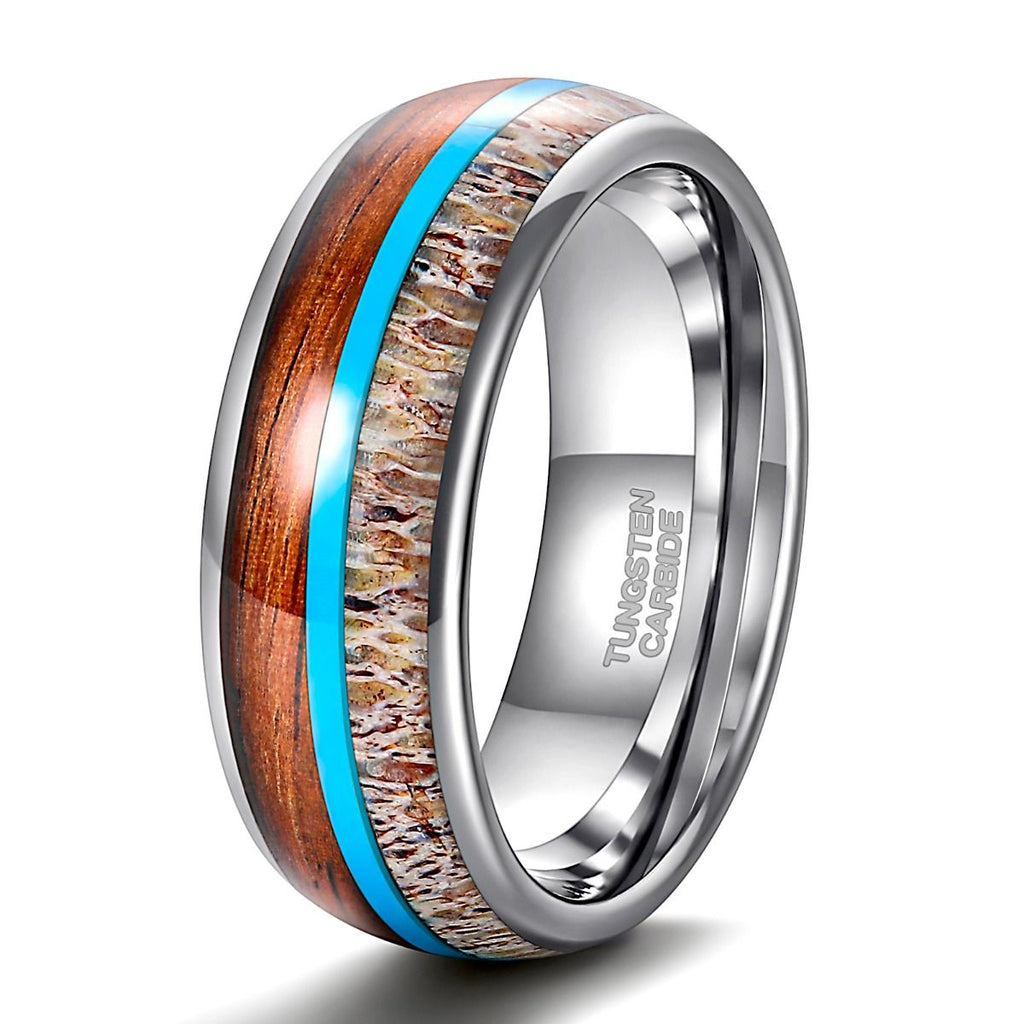 8mm Real Antlers and Turquoise Wood Inlay Men Tungsten Carbide Rings