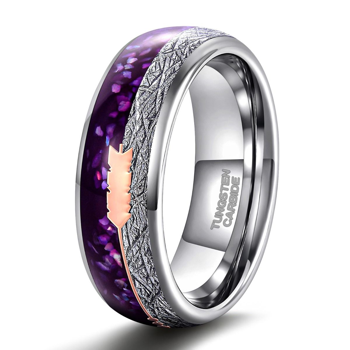 8mm Rose Gold Arrow Purple Agate &Meteorite Domed Tungsten Ring Men Women Wedding Bands