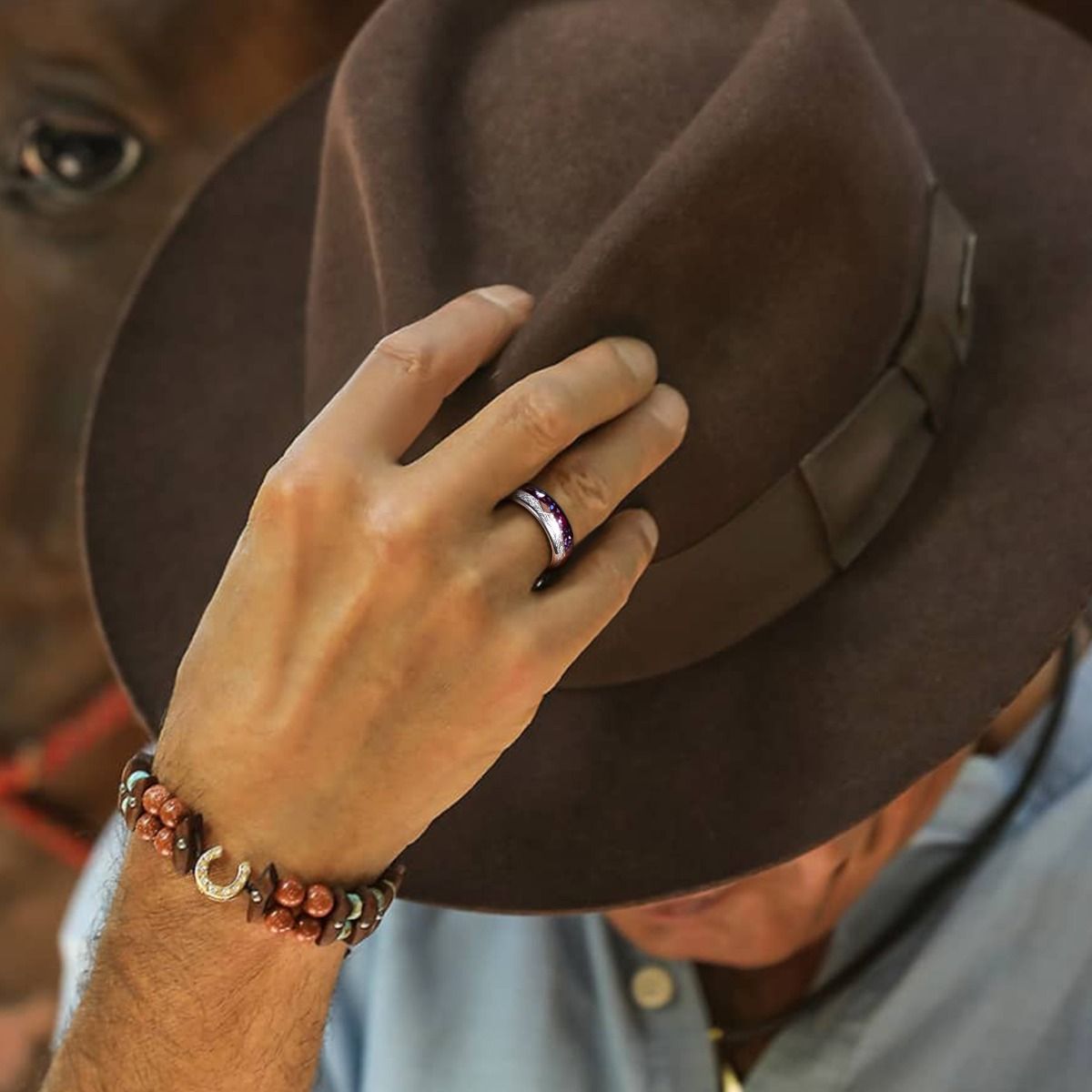 8mm Rose Gold Arrow Purple Agate &Meteorite Domed Tungsten Ring Men Women Wedding Bands