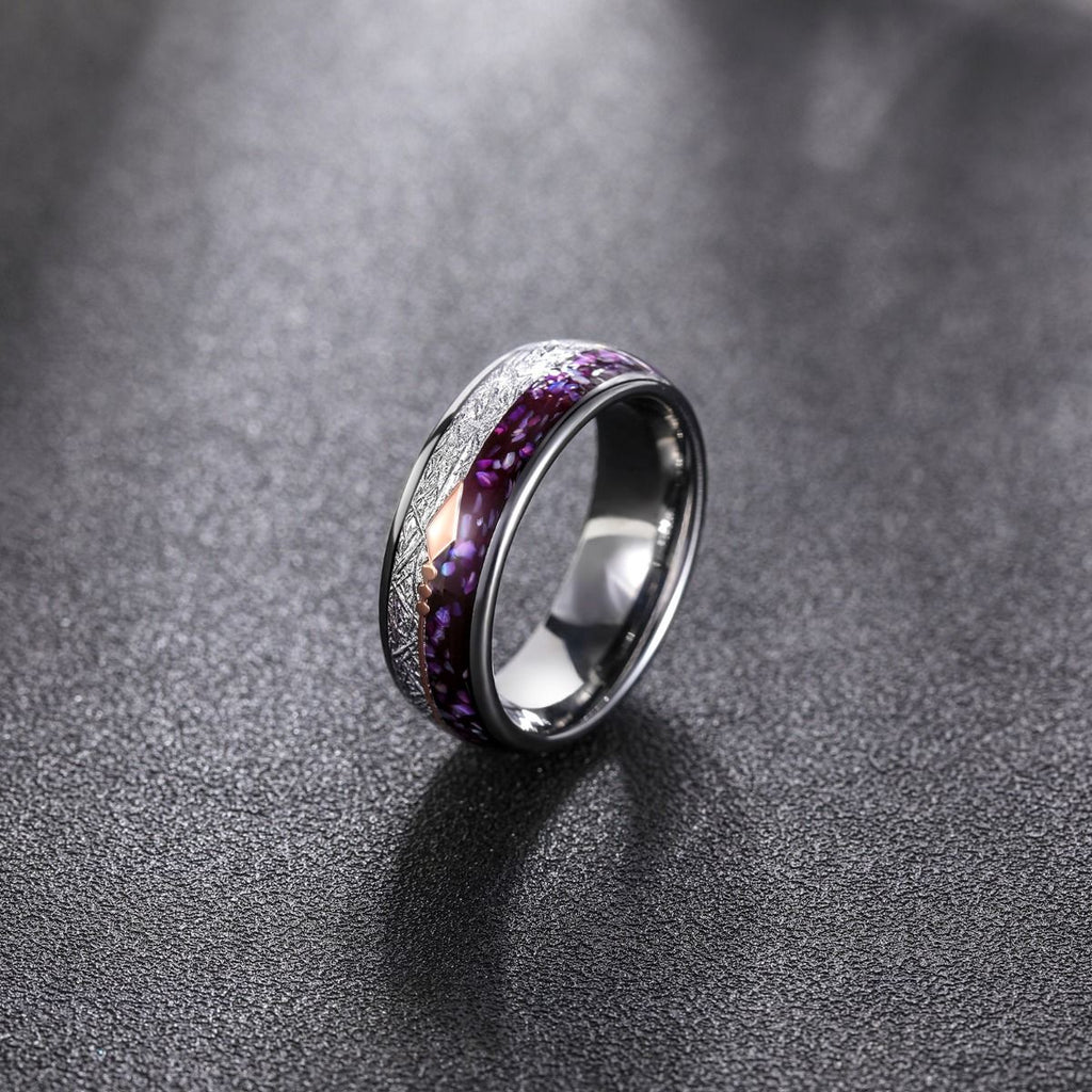 8mm Rose Gold Arrow Purple Agate &Meteorite Domed Tungsten Ring Men Women Wedding Bands