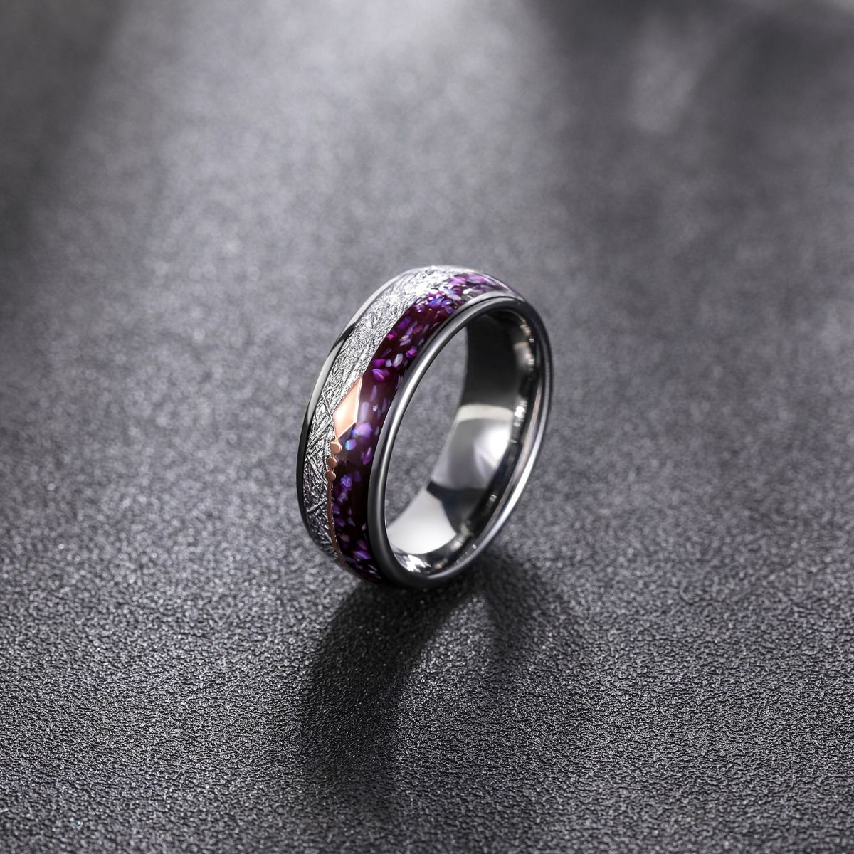 8mm Rose Gold Arrow Purple Agate &Meteorite Domed Tungsten Ring Men Women Wedding Bands