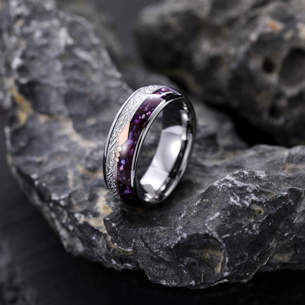 8mm Rose Gold Arrow Purple Agate &Meteorite Domed Tungsten Ring Men Women Wedding Bands