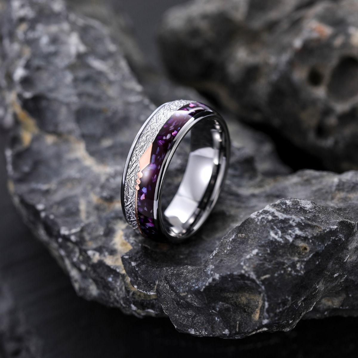 8mm Rose Gold Arrow Purple Agate &Meteorite Domed Tungsten Ring Men Women Wedding Bands