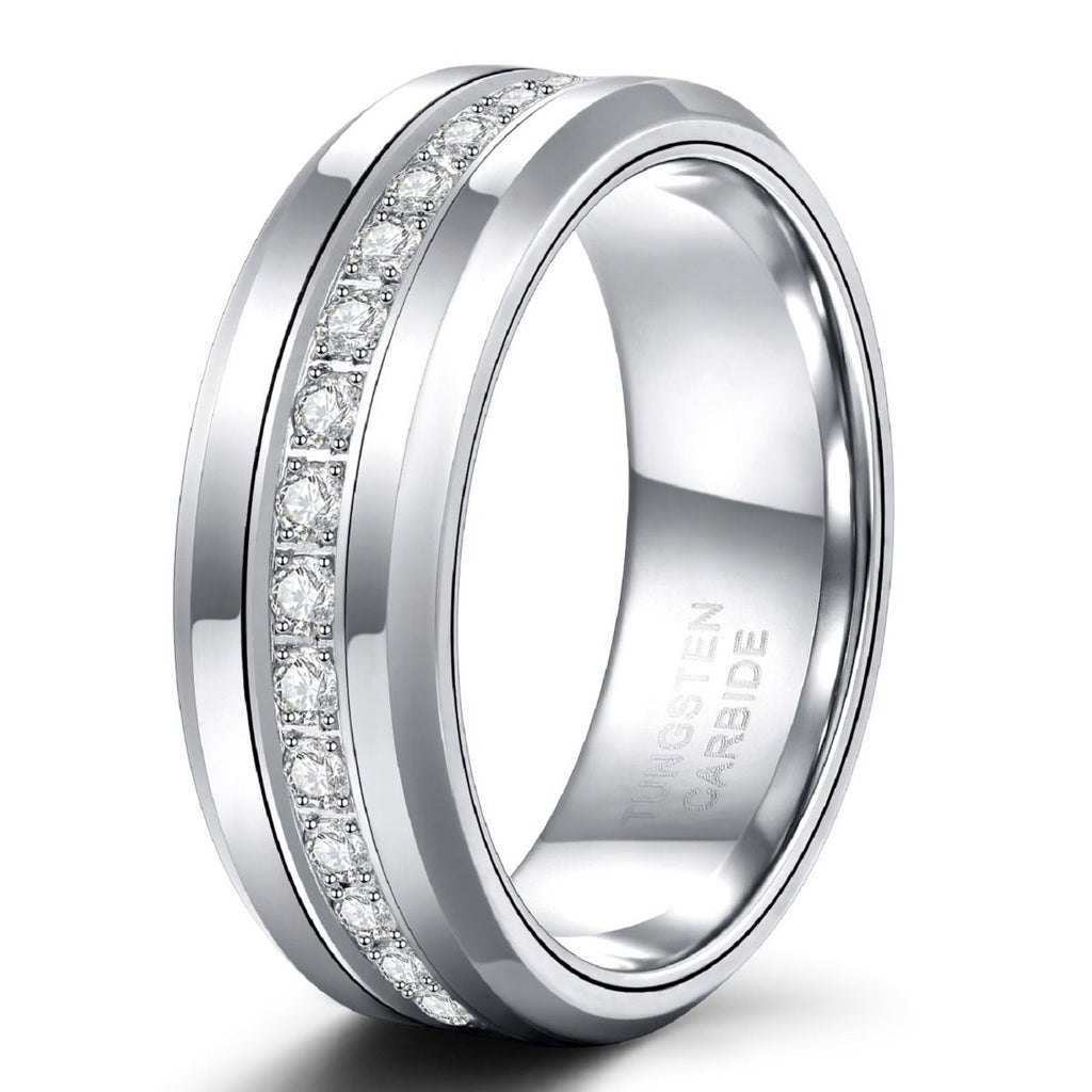 8mm Silver Color Cubic Zircon Men Ring Round Diamonds Tungsten Carbide Rings Wedding Bands