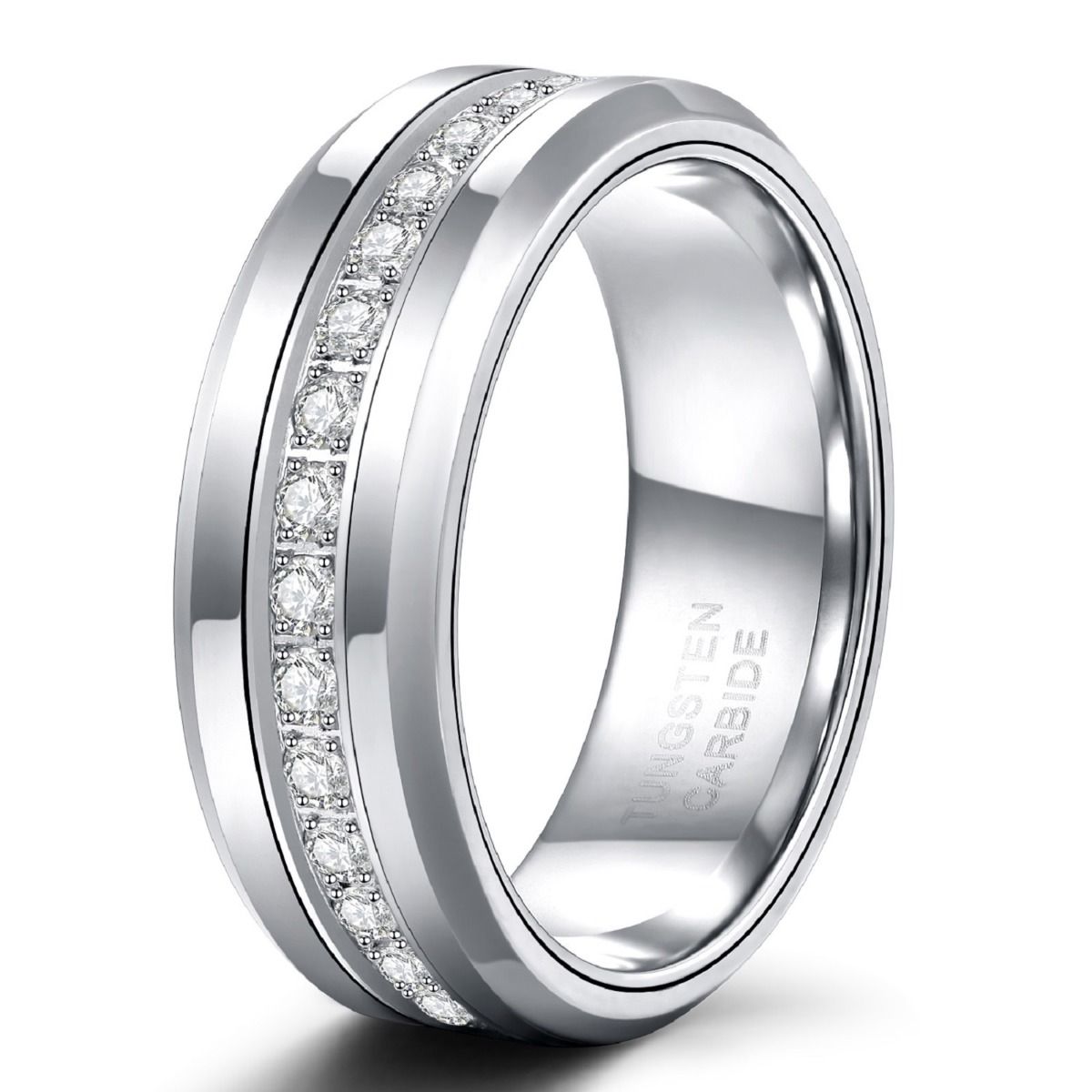 8mm Silver Color Cubic Zircon Men Ring Round Diamonds Tungsten Carbide Rings Wedding Bands