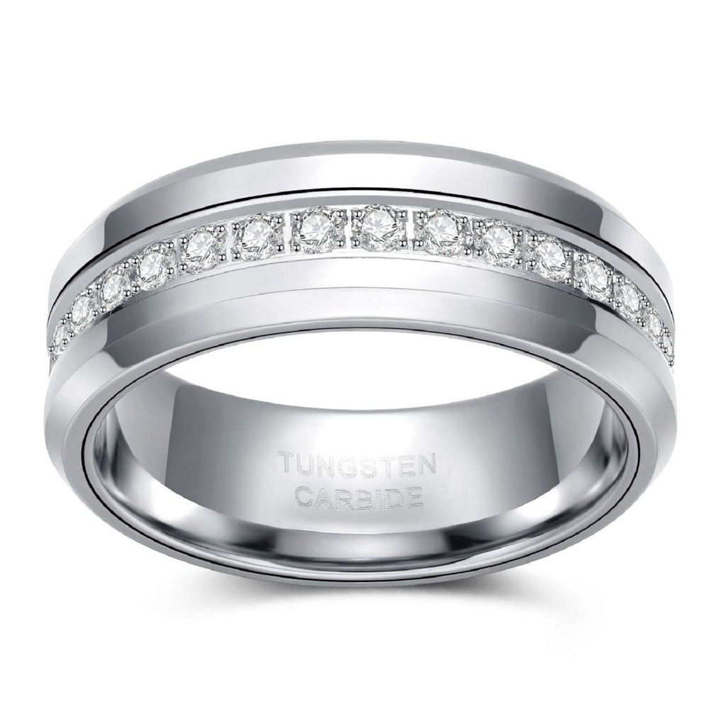 8mm Silver Color Cubic Zircon Men Ring Round Diamonds Tungsten Carbide Rings Wedding Bands