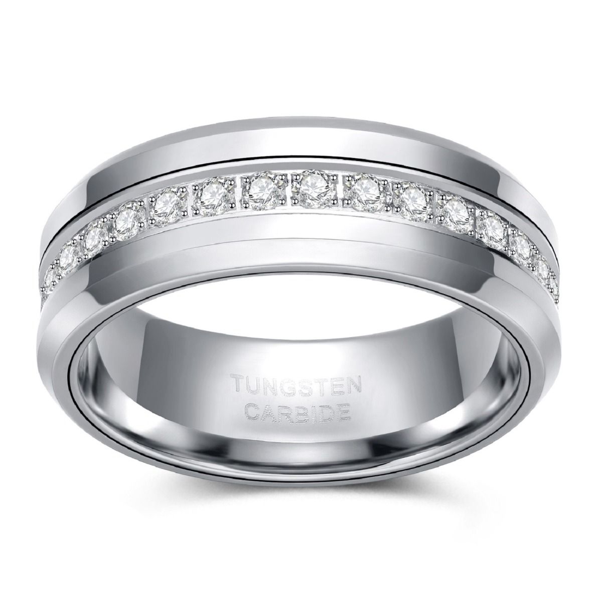 8mm Silver Color Cubic Zircon Men Ring Round Diamonds Tungsten Carbide Rings Wedding Bands
