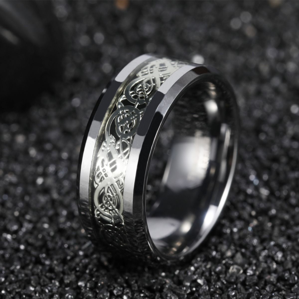 8mm Silver Color Tungsten Carbide Ring Celtic Dragon Inlay Men Women Engagement Wedding Bands