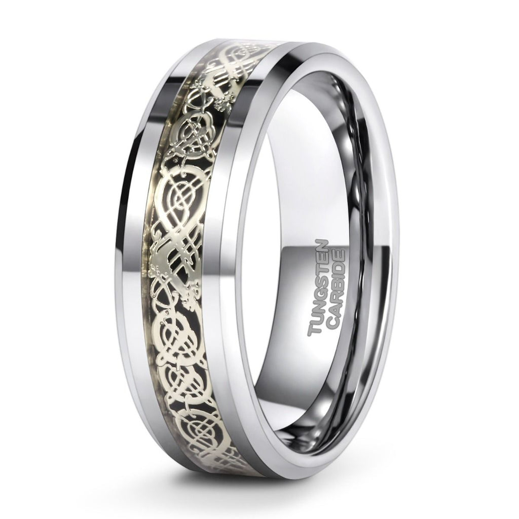 8mm Silver Color Tungsten Carbide Ring Celtic Dragon Inlay Men Women Engagement Wedding Bands