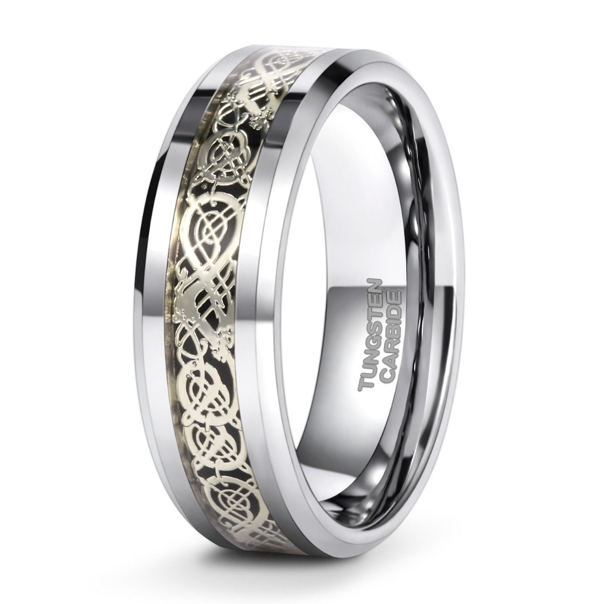 8mm Silver Color Tungsten Carbide Ring Celtic Dragon Inlay Men Women Engagement Wedding Bands