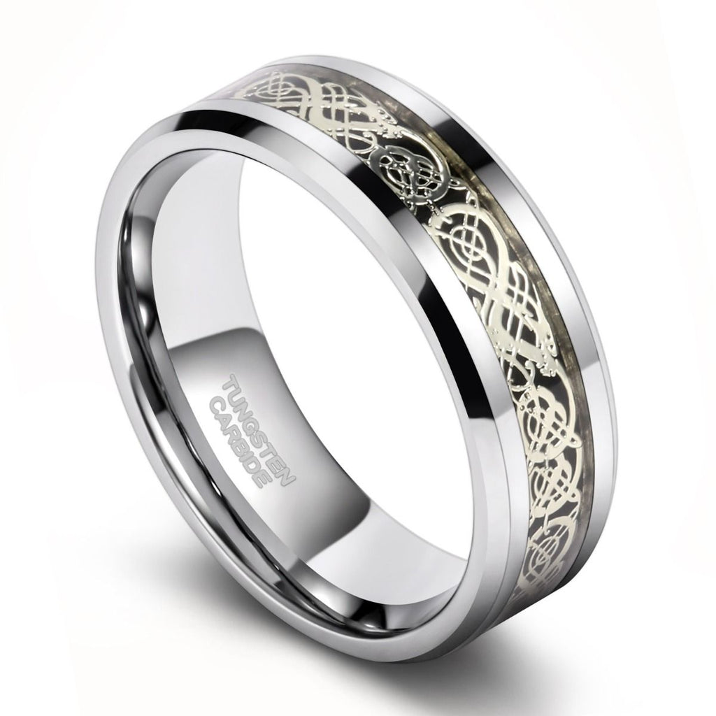 8mm Silver Color Tungsten Carbide Ring Celtic Dragon Inlay Men Women Engagement Wedding Bands