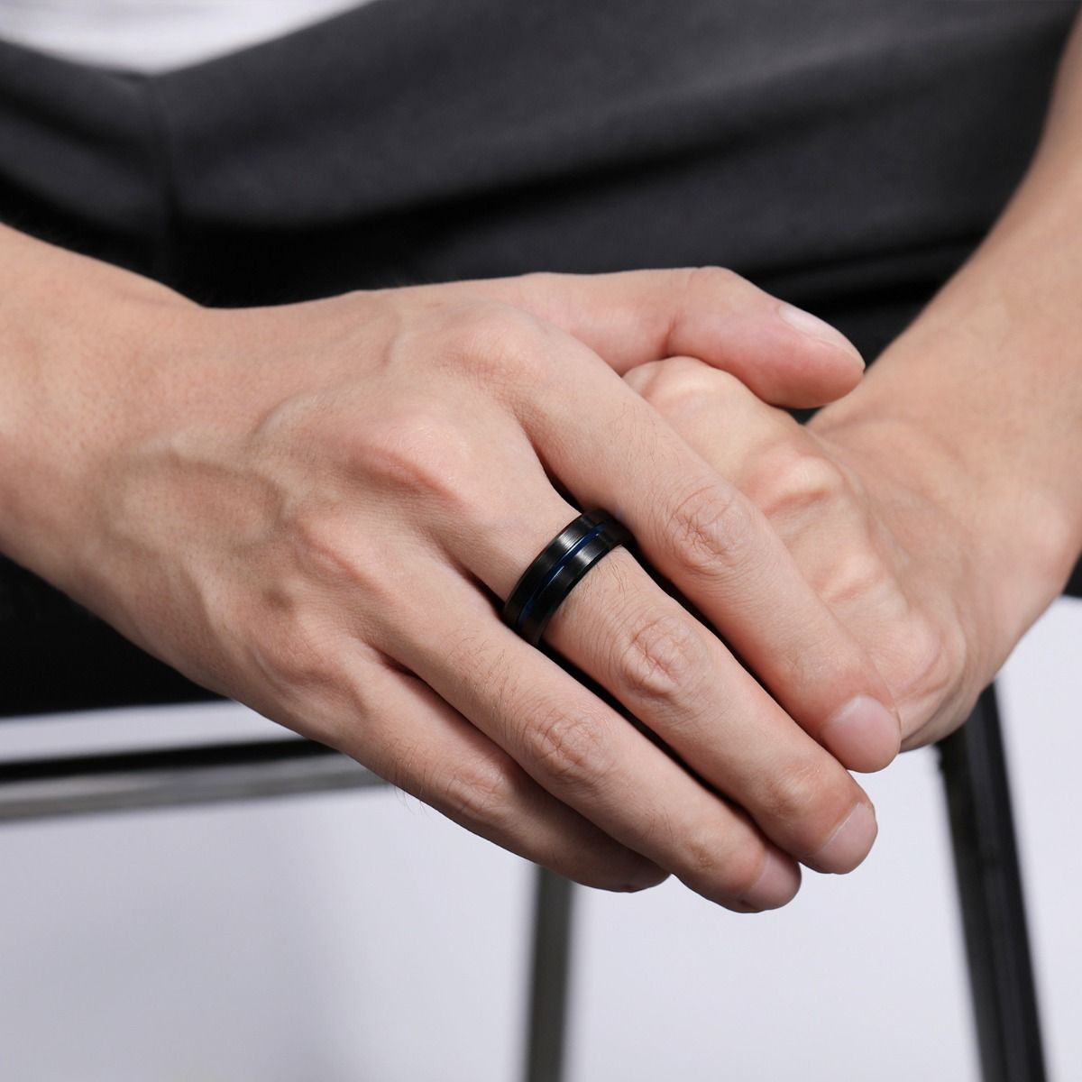 8mm Tungsten Carbide Ring Blue Line Inlay Black Brushed Mens Rings