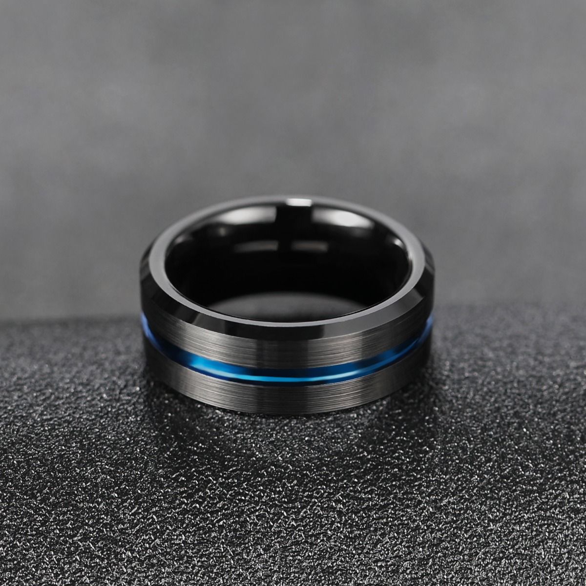 8mm Tungsten Carbide Ring Blue Line Inlay Black Brushed Mens Rings