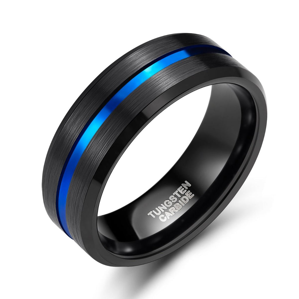 8mm Tungsten Carbide Ring Blue Line Inlay Black Brushed Mens Rings