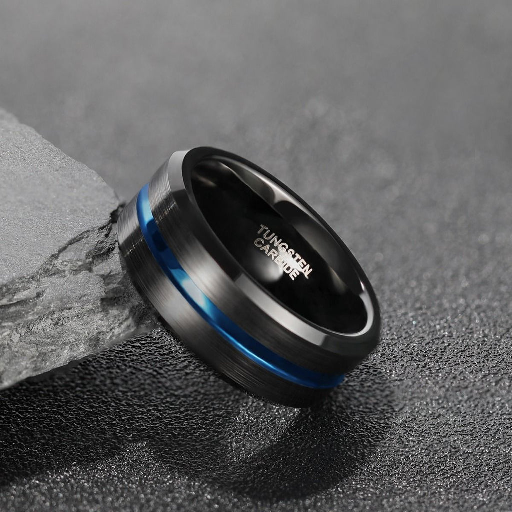 8mm Tungsten Carbide Ring Blue Line Inlay Black Brushed Mens Rings