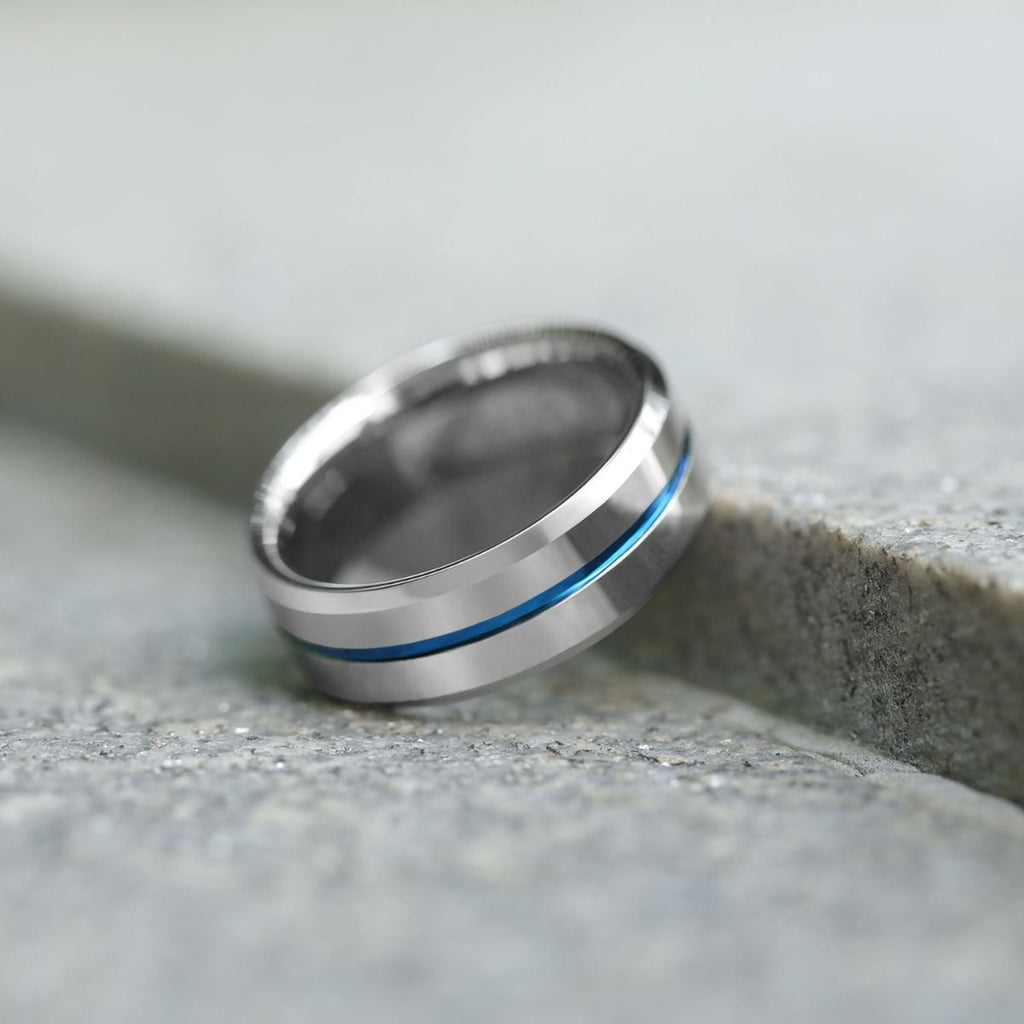 8mm Tungsten Carbide Ring Blue Line Inlay Men Silver Polished Wedding Band