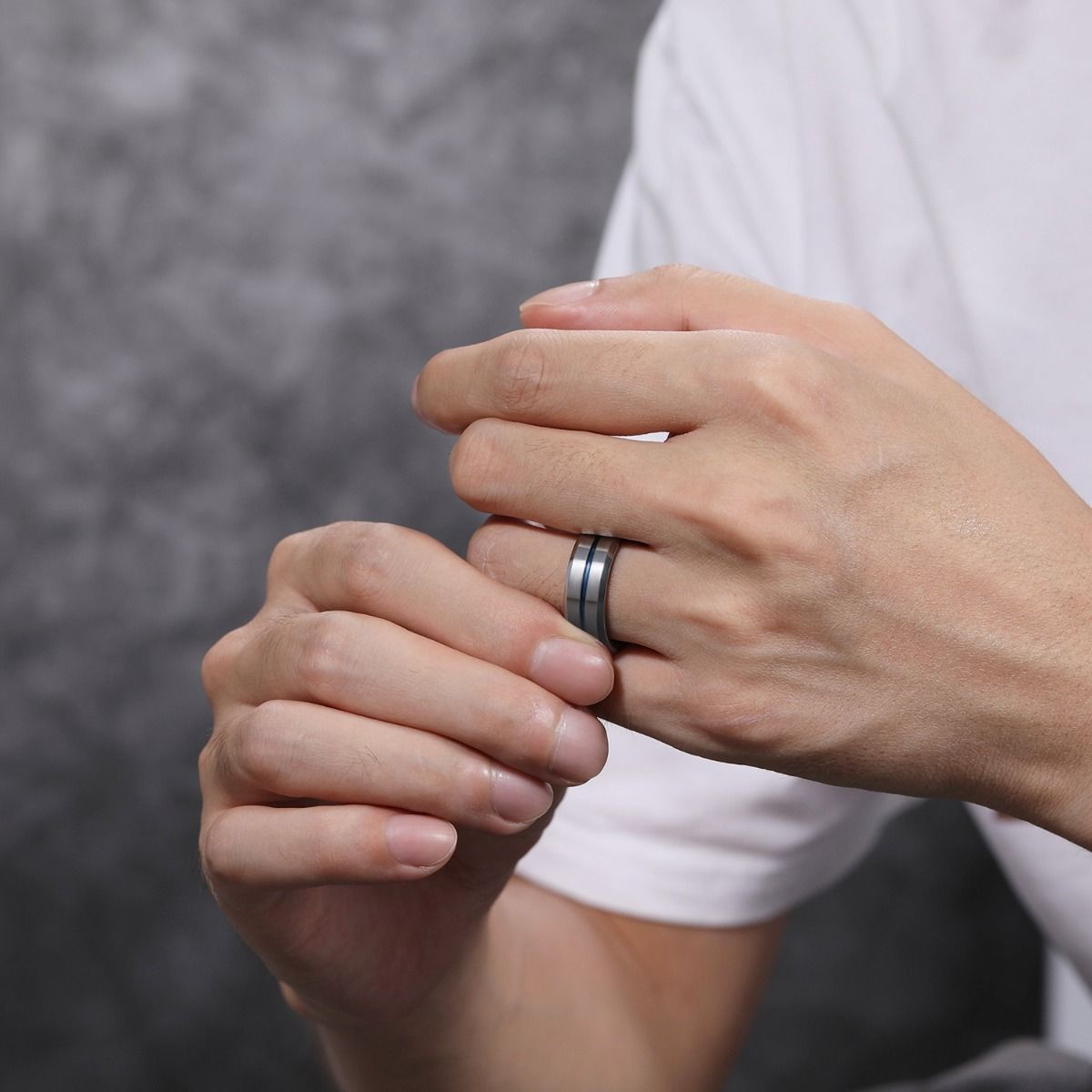 8mm Tungsten Carbide Ring Blue Line Inlay Men Silver Polished Wedding Band