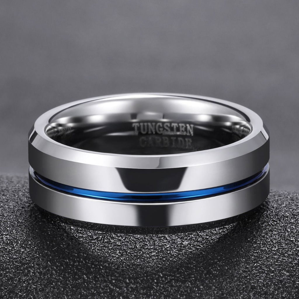 8mm Tungsten Carbide Ring Blue Line Inlay Men Silver Polished Wedding Band