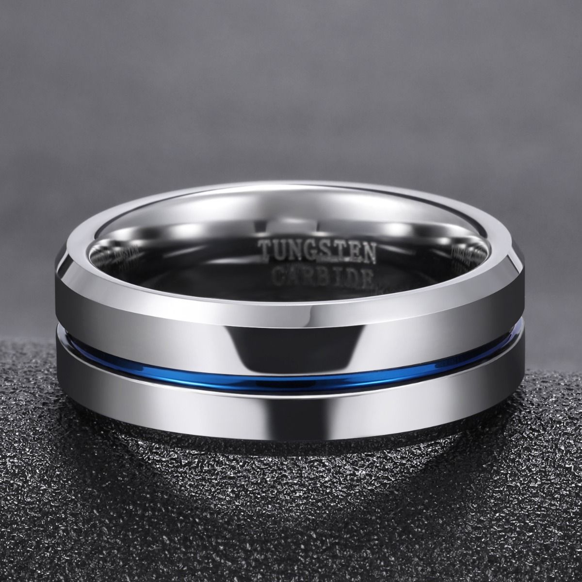 8mm Tungsten Carbide Ring Blue Line Inlay Men Silver Polished Wedding Band