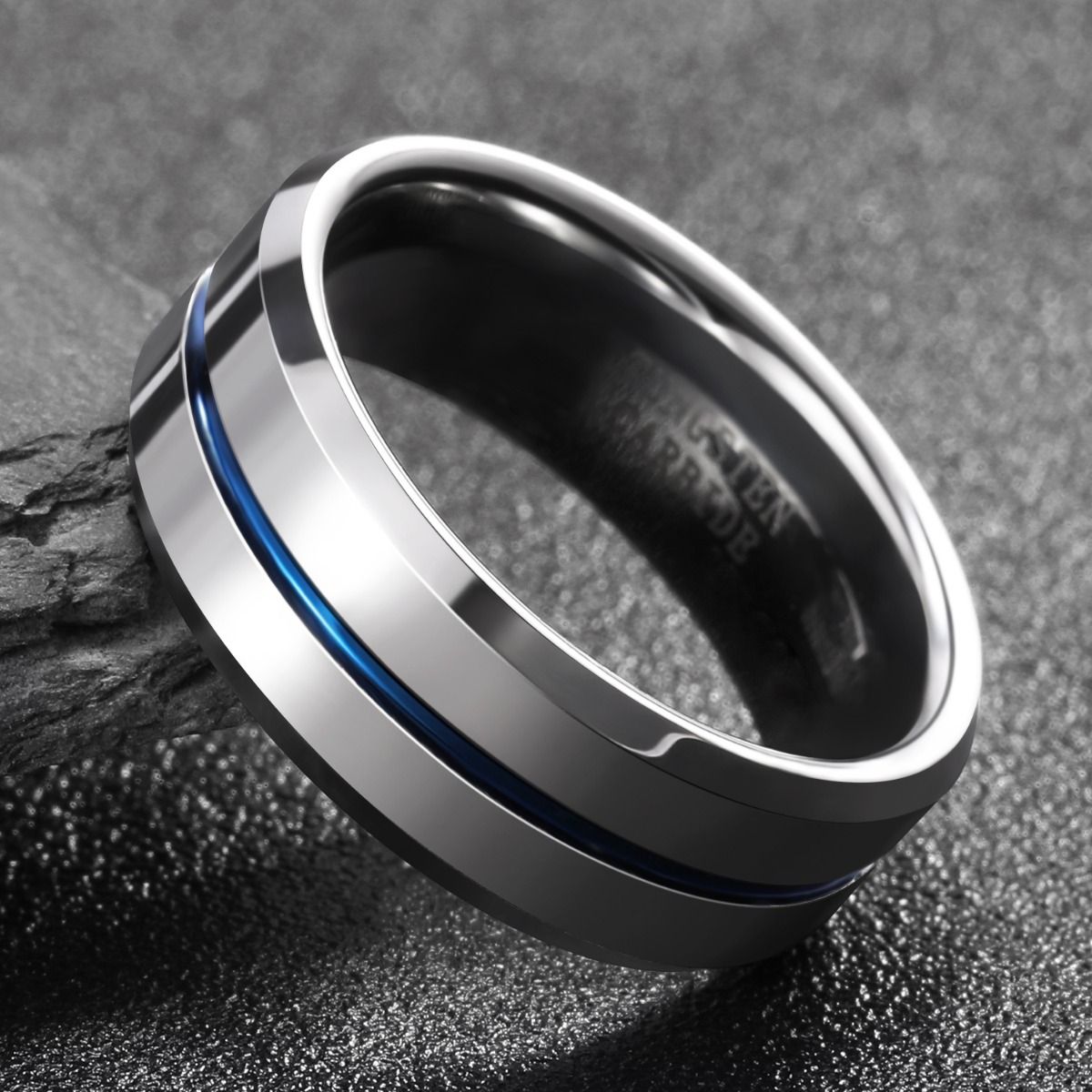 8mm Tungsten Carbide Ring Blue Line Inlay Men Silver Polished Wedding Band