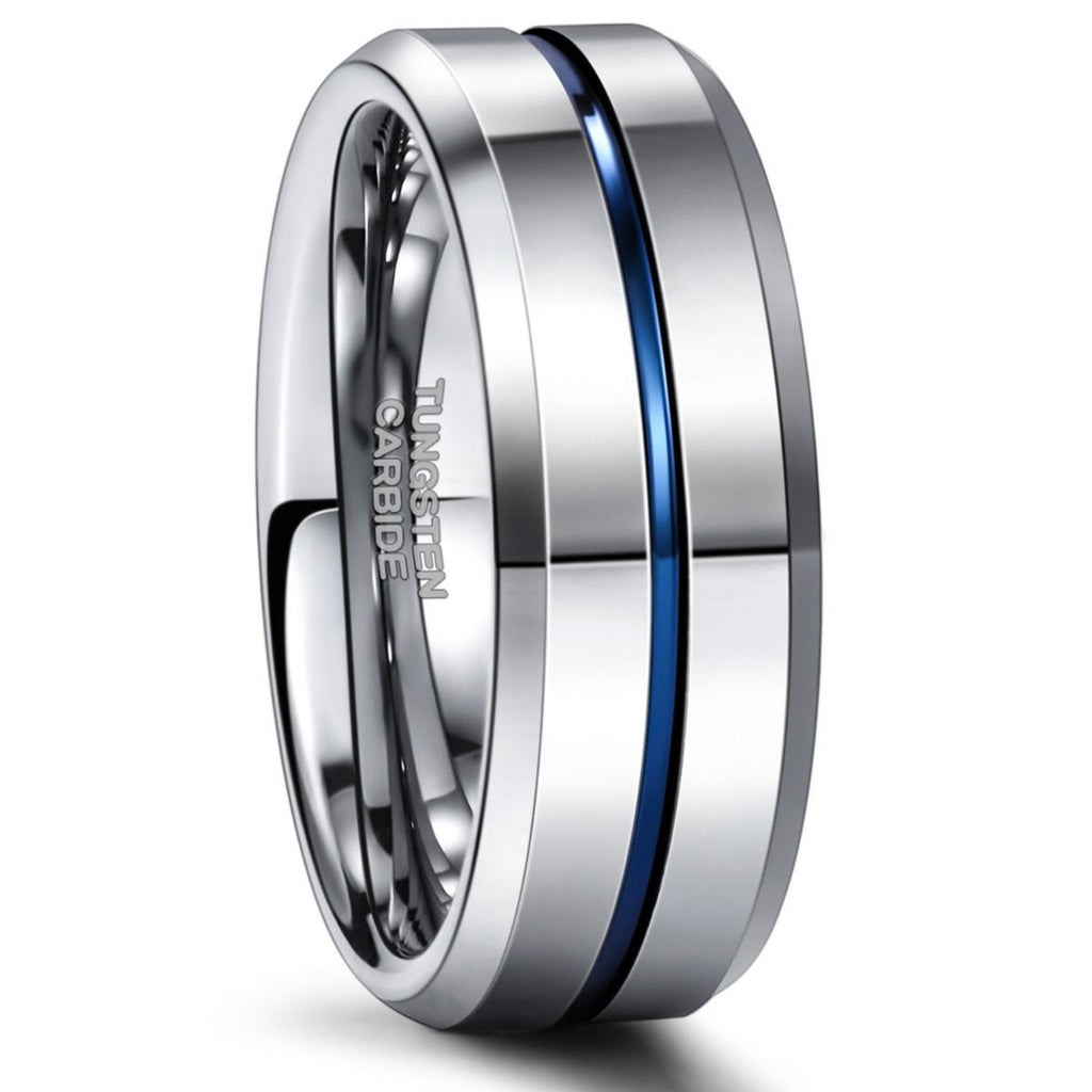 8mm Tungsten Carbide Ring Blue Line Inlay Men Silver Polished Wedding Band